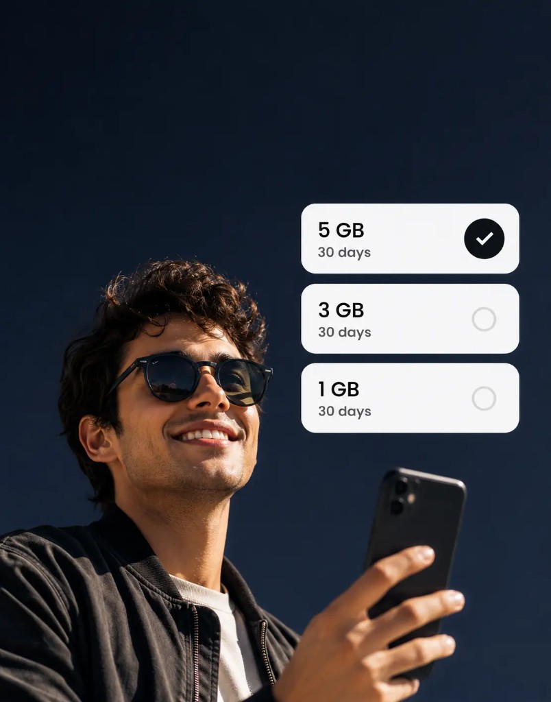 Viajero con planes de datos eSIM seleccionables