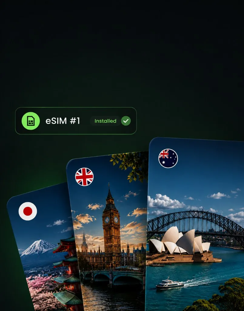 Installed eSIM with destination cards for Japan, United Kingdom, and Australia