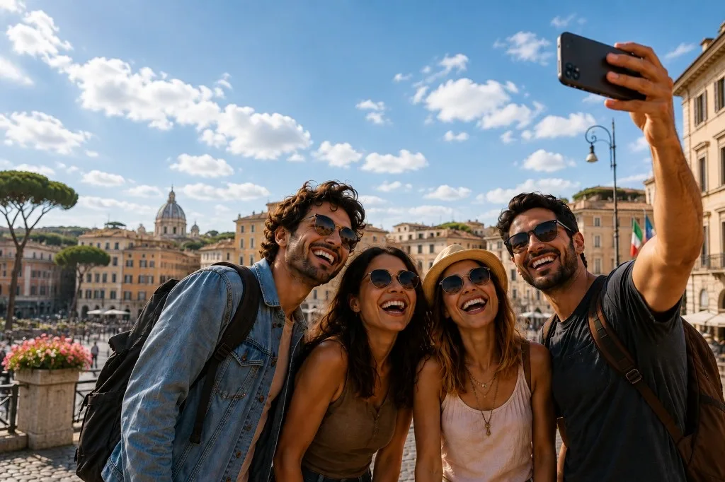 Friends using their phones together while traveling