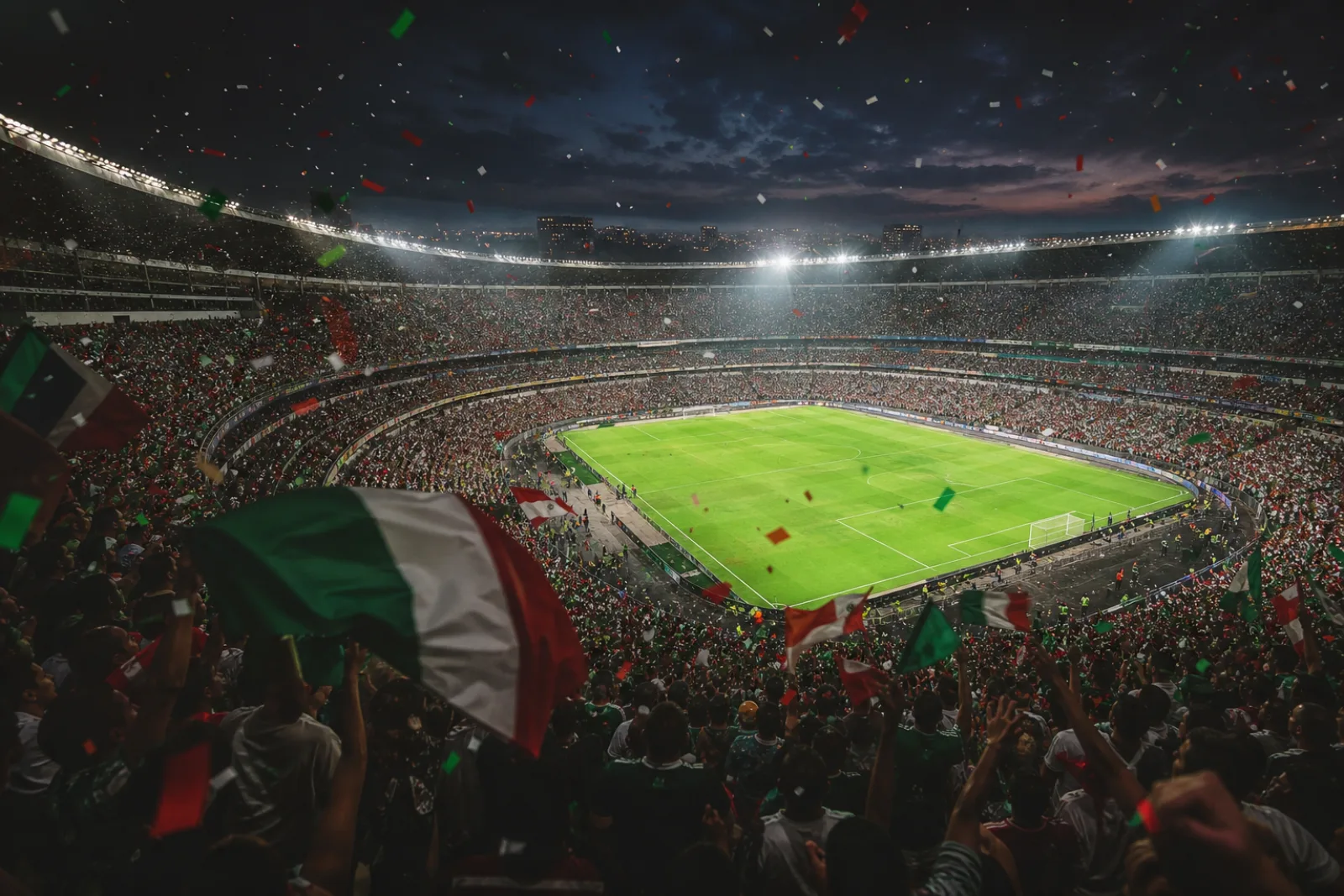 Packed World Cup stadium at night with Mexico and England fan colors