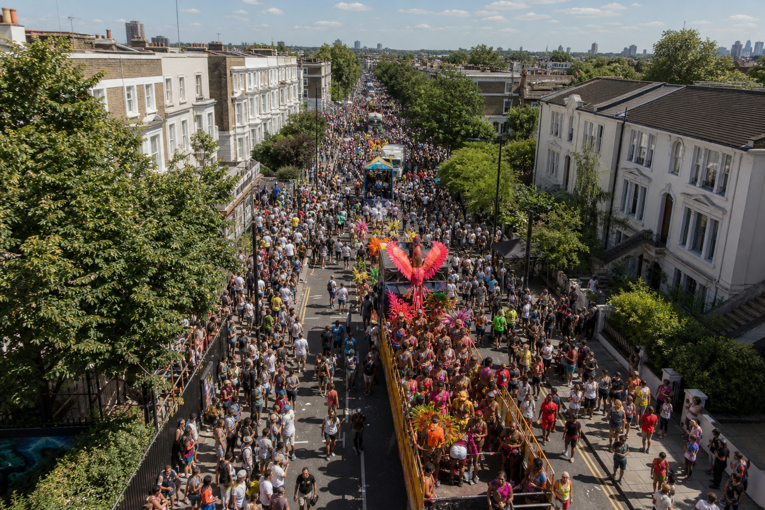 Notting Hill Carnival parade with colorful costumes in London