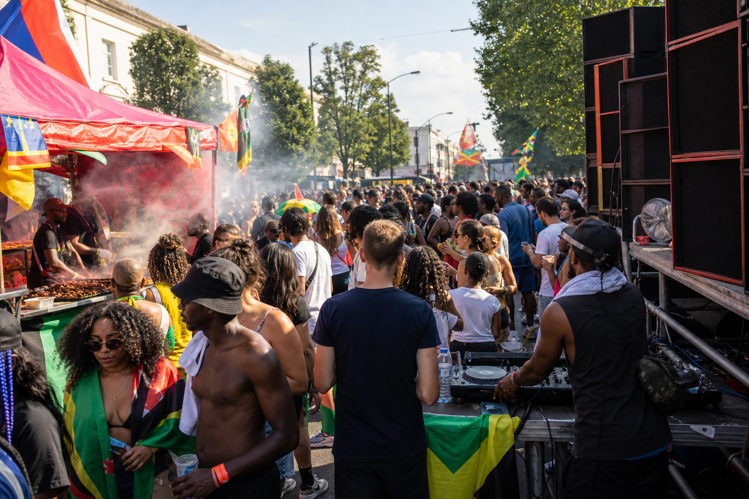 Caribbean food stalls and sound systems at Notting Hill Carnival