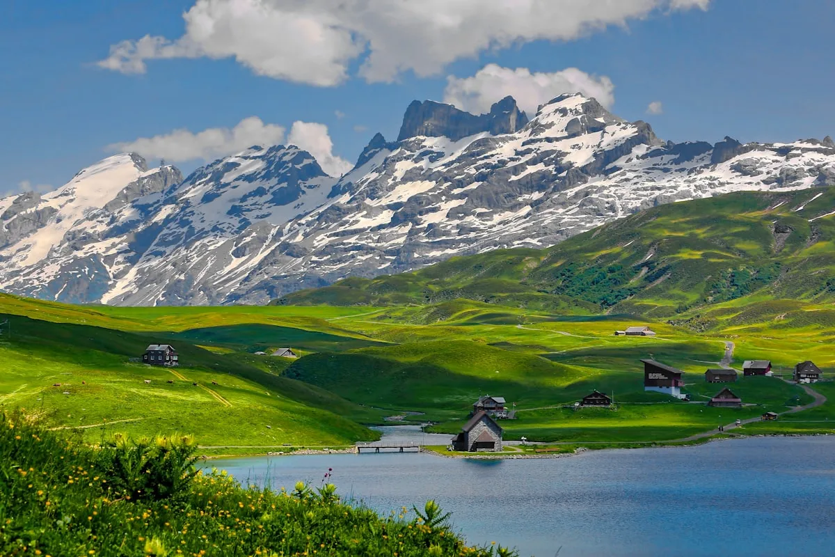 Lake Lucerne with mountains and boats