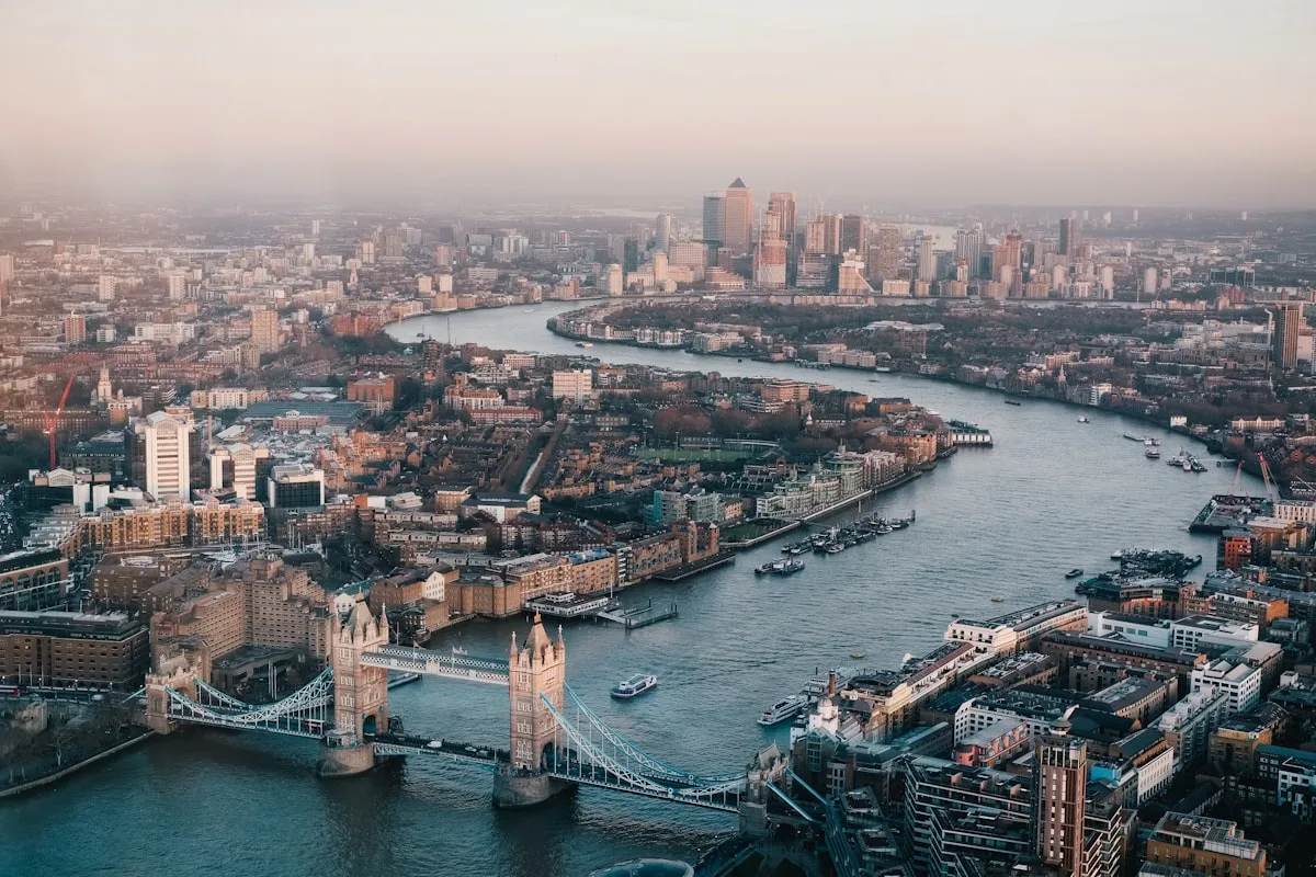 London landmarks along the Thames in winter light